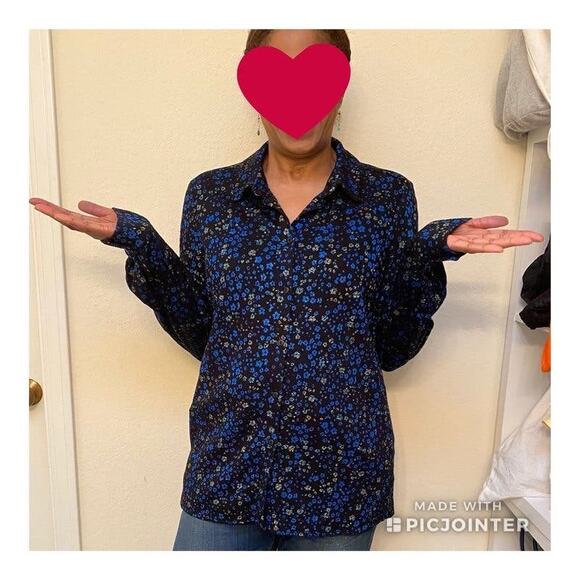 STINE GOYA Black Blue Metallic Button Front Floral Lucian Long Sleeve Top sz XS - Picture 15 of 15